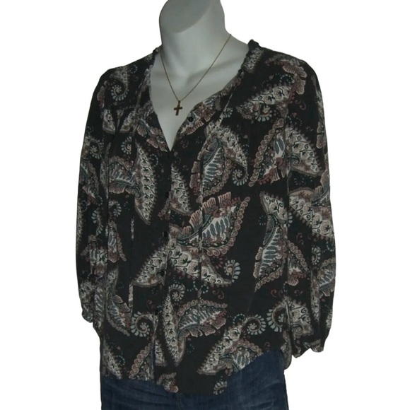 Ann Taylor Loft Blouse Button Down Paisley Peasant Boho Whimsygoth Cottage Tie P - Picture 5 of 9